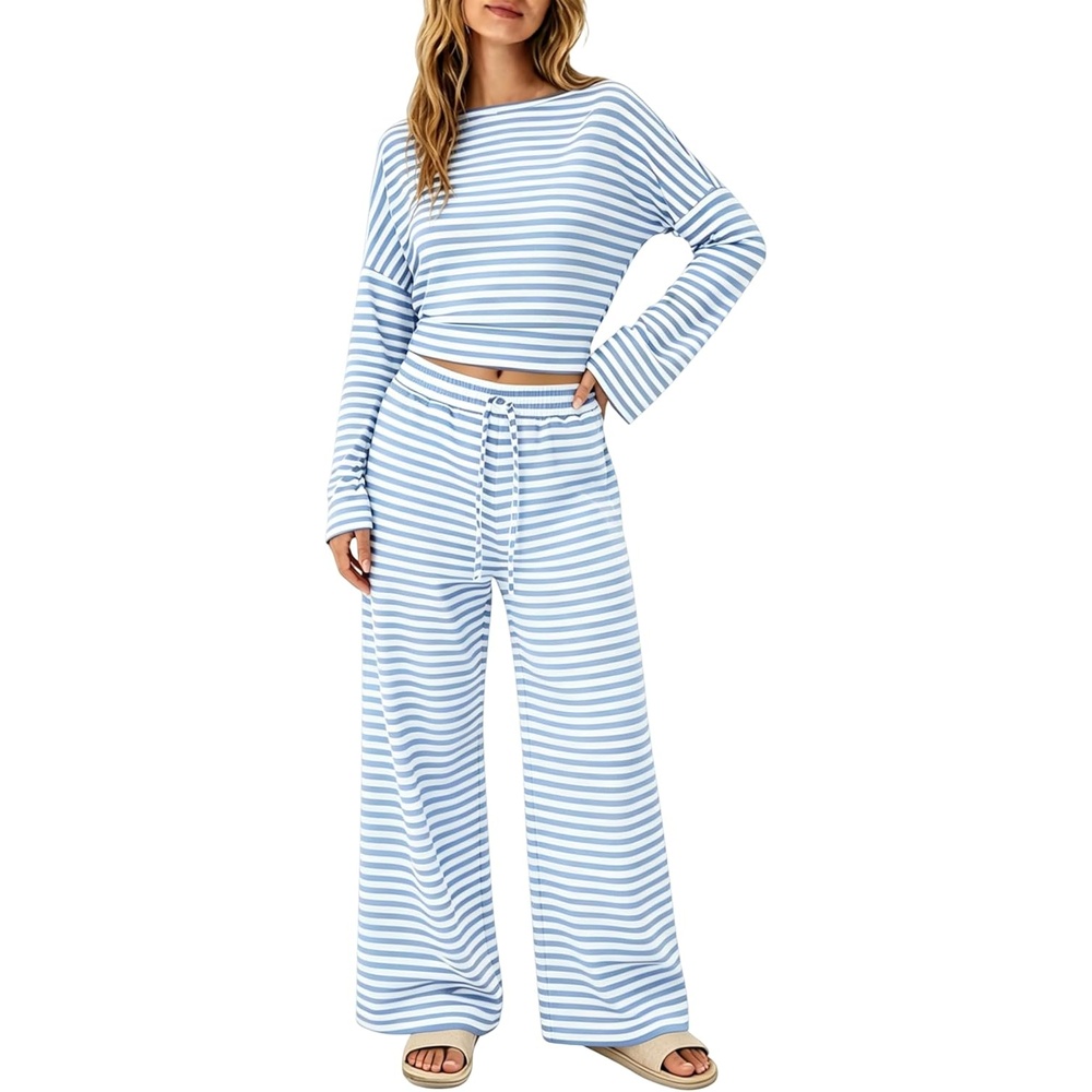 image:imageTanming Womens 2 Piece Striped Yoga Lounge Wide Leg Pants Set Long Sleeve Adjustable Drawstring Crewneck PJ Lounge Sets Stretch Fabric Elastic WaistbandBlue