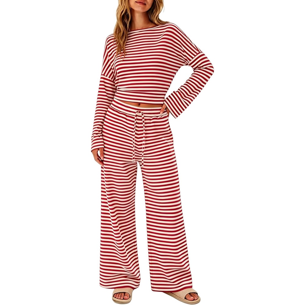 image:imageTanming Womens 2 Piece Striped Yoga Lounge Wide Leg Pants Set Long Sleeve Adjustable Drawstring Crewneck PJ Lounge Sets Stretch Fabric Elastic WaistbandRed