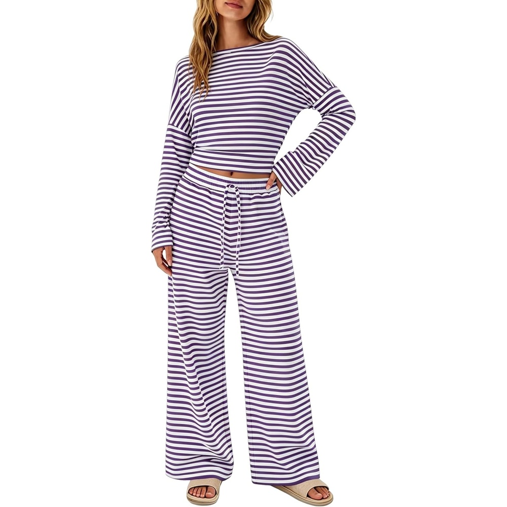 image:imageTanming Womens 2 Piece Striped Yoga Lounge Wide Leg Pants Set Long Sleeve Adjustable Drawstring Crewneck PJ Lounge Sets Stretch Fabric Elastic WaistbandPurple