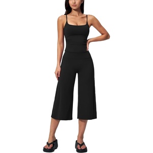 Tanming Two Piece Sets for Women Gym Yoga Pilates Outfits | Sleeveless Halter Top, Mid Elastic Waist Capri Pants, Breathable Material, Airport Travel Beach Vacation Lounge Set(Black)