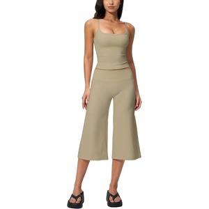 Tanming Two Piece Sets for Women Gym Yoga Pilates Outfits | Sleeveless Halter Top, Mid Elastic Waist Capri Pants, Breathable Material, Airport Travel Beach Vacation Lounge Set(Khaki)