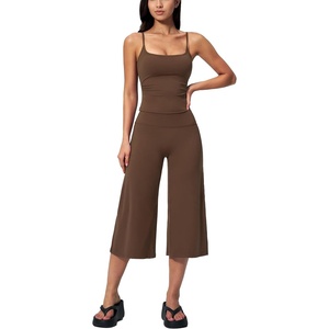 Tanming Two Piece Sets for Women Gym Yoga Pilates Outfits | Sleeveless Halter Top, Mid Elastic Waist Capri Pants, Breathable Material, Airport Travel Beach Vacation Lounge Set(Brown)