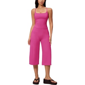 Tanming Two Piece Sets for Women Gym Yoga Pilates Outfits | Sleeveless Halter Top, Mid Elastic Waist Capri Pants, Breathable Material, Airport Travel Beach Vacation Lounge Set(Rose Red)