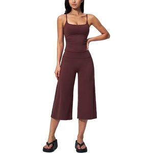 Tanming Two Piece Sets for Women Gym Yoga Pilates Outfits | Sleeveless Halter Top, Mid Elastic Waist Capri Pants, Breathable Material, Airport Travel Beach Vacation Lounge Set(Coffee)