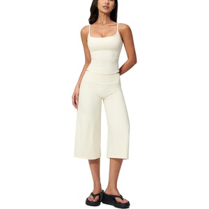 Tanming Two Piece Sets for Women Gym Yoga Pilates Outfits | Sleeveless Halter Top, Mid Elastic Waist Capri Pants, Breathable Material, Airport Travel Beach Vacation Lounge Set(White)