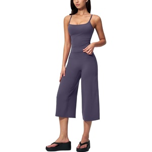 Tanming Two Piece Sets for Women Gym Yoga Pilates Outfits | Sleeveless Halter Top, Mid Elastic Waist Capri Pants, Breathable Material, Airport Travel Beach Vacation Lounge Set(Purple)