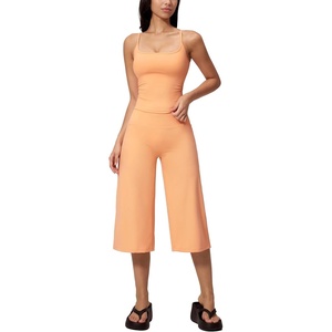 Tanming Two Piece Sets for Women Gym Yoga Pilates Outfits | Sleeveless Halter Top, Mid Elastic Waist Capri Pants, Breathable Material, Airport Travel Beach Vacation Lounge Set(Orange)