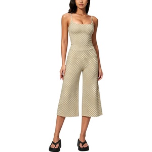 Tanming Women’s 2 Piece Outfits Polka Dot Workout Yoga Set | Sleeveless Cami Top, Wide Leg Capri Pants, Soft Fabric, Casual Matching Lounge Set, for Active Gym Daily Wear Vacation(Khaki)