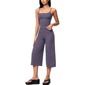 Tanming Women’s 2 Piece Outfits Polka Dot Workout Yoga Set | Sleeveless Cami Top, Wide Leg Capri Pants, Soft Fabric, Casual Matching Lounge Set, for Active Gym Daily Wear Vacation(Navy)