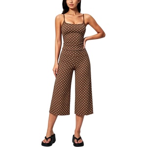 Tanming Women’s 2 Piece Outfits Polka Dot Workout Yoga Set | Sleeveless Cami Top, Wide Leg Capri Pants, Soft Fabric, Casual Matching Lounge Set, for Active Gym Daily Wear Vacation(Brown)