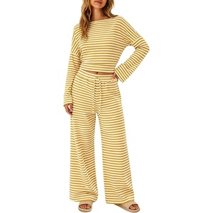 Tanming Womens 2 Piece Striped Yoga Lounge Wide Leg Pants Set | Long Sleeve, Adjustable Drawstring, Crewneck, PJ Lounge Sets, Stretch Fabric, Elastic Waistband(Yellow)