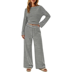 Tanming Womens 2 Piece Striped Yoga Lounge Wide Leg Pants Set | Long Sleeve, Adjustable Drawstring, Crewneck, PJ Lounge Sets, Stretch Fabric, Elastic Waistband(Black)