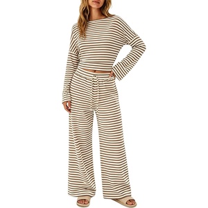 Tanming Womens 2 Piece Striped Yoga Lounge Wide Leg Pants Set | Long Sleeve, Adjustable Drawstring, Crewneck, PJ Lounge Sets, Stretch Fabric, Elastic Waistband(Brown)
