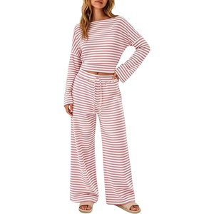 Tanming Womens 2 Piece Striped Yoga Lounge Wide Leg Pants Set | Long Sleeve, Adjustable Drawstring, Crewneck, PJ Lounge Sets, Stretch Fabric, Elastic Waistband(Pink)