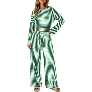 Tanming Womens 2 Piece Striped Yoga Lounge Wide Leg Pants Set | Long Sleeve, Adjustable Drawstring, Crewneck, PJ Lounge Sets, Stretch Fabric, Elastic Waistband(Green)