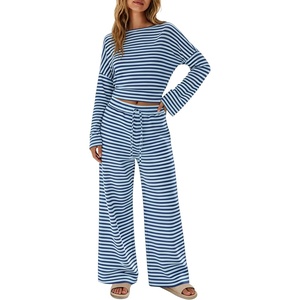 Tanming Womens 2 Piece Striped Yoga Lounge Wide Leg Pants Set | Long Sleeve, Adjustable Drawstring, Crewneck, PJ Lounge Sets, Stretch Fabric, Elastic Waistband(Navy)