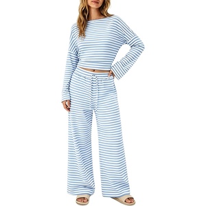Tanming Womens 2 Piece Striped Yoga Lounge Wide Leg Pants Set | Long Sleeve, Adjustable Drawstring, Crewneck, PJ Lounge Sets, Stretch Fabric, Elastic Waistband(Blue)