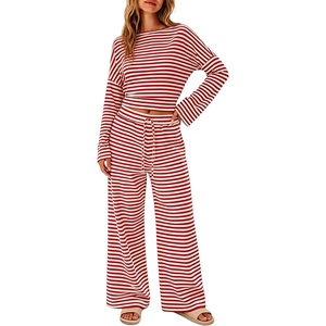 Tanming Womens 2 Piece Striped Yoga Lounge Wide Leg Pants Set | Long Sleeve, Adjustable Drawstring, Crewneck, PJ Lounge Sets, Stretch Fabric, Elastic Waistband(Red)