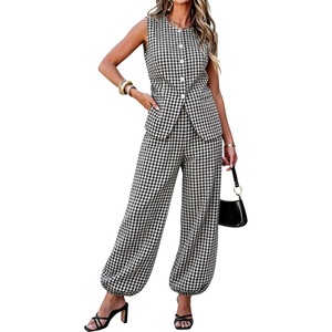Tanming Womens Gingham 2 Piece Sets Casual Suit Vest Balloon Pants Summer Coord Set Brunch Office Matching Set(Black)
