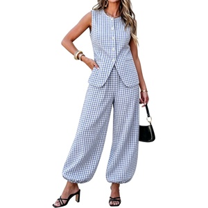 Tanming Womens Gingham 2 Piece Sets Casual Suit Vest Balloon Pants Summer Coord Set Brunch Office Matching Set(Blue)