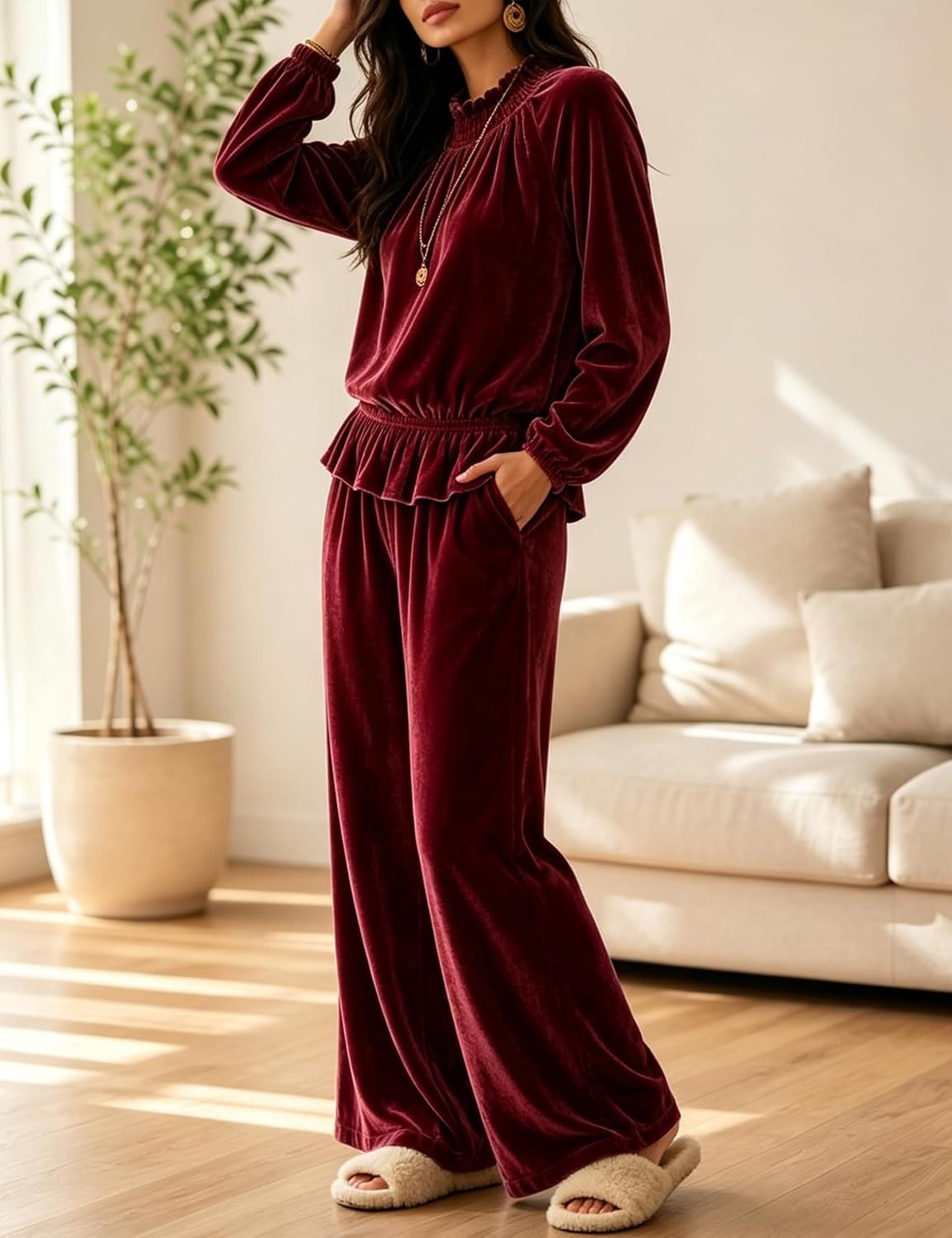 image:imageTanming Womens 2 Piece Velet Ruffle Top Wide Leg Pants Sets Soft Plush Feel Elastic Waist Frilled Neckline Deep Side Pockets Relaxed Silhouette FallampWinter Cozy LayerWinered