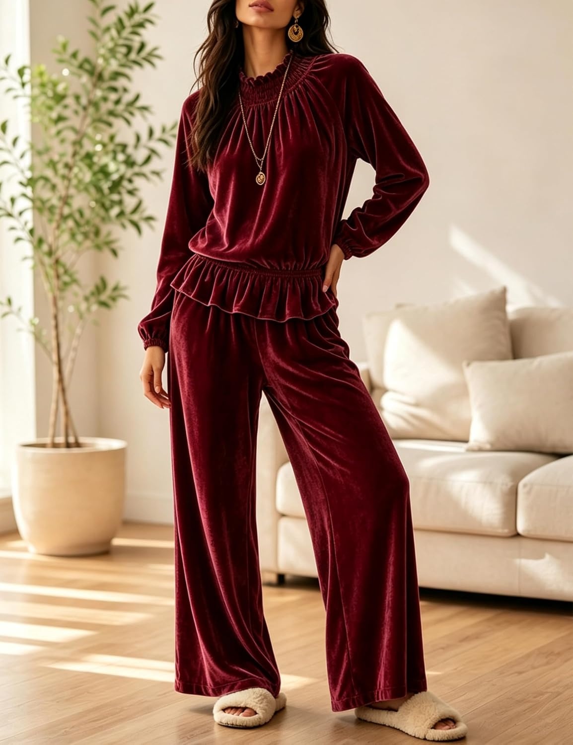image:imageTanming Womens 2 Piece Velet Ruffle Top Wide Leg Pants Sets Soft Plush Feel Elastic Waist Frilled Neckline Deep Side Pockets Relaxed Silhouette FallampWinter Cozy LayerWinered