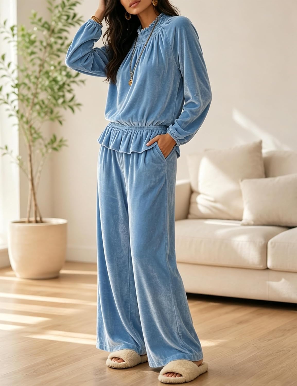 image:imageTanming Womens 2 Piece Velet Ruffle Top Wide Leg Pants Sets Soft Plush Feel Elastic Waist Frilled Neckline Deep Side Pockets Relaxed Silhouette FallampWinter Cozy LayerBlue