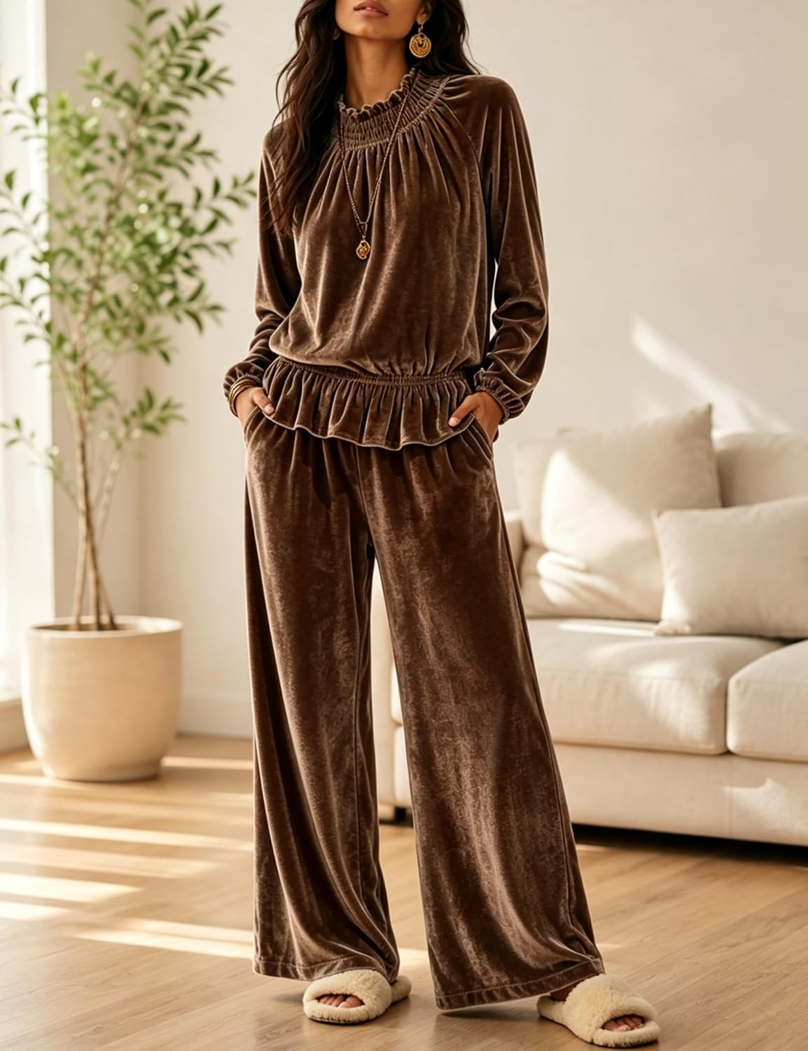 image:imageTanming Womens 2 Piece Velet Ruffle Top Wide Leg Pants Sets Soft Plush Feel Elastic Waist Frilled Neckline Deep Side Pockets Relaxed Silhouette FallampWinter Cozy LayerBrown