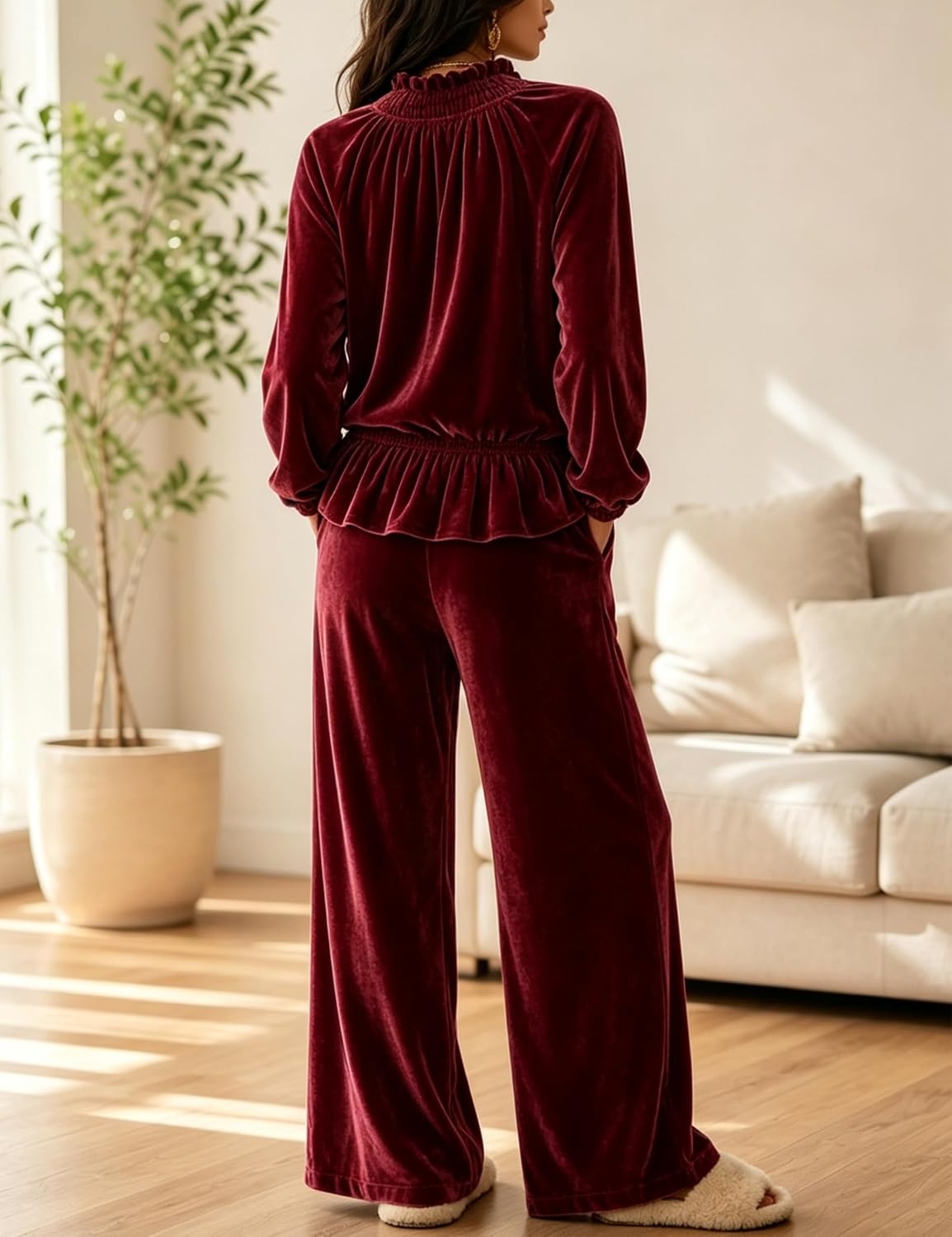 image:imageTanming Womens 2 Piece Velet Ruffle Top Wide Leg Pants Sets Soft Plush Feel Elastic Waist Frilled Neckline Deep Side Pockets Relaxed Silhouette FallampWinter Cozy LayerWinered