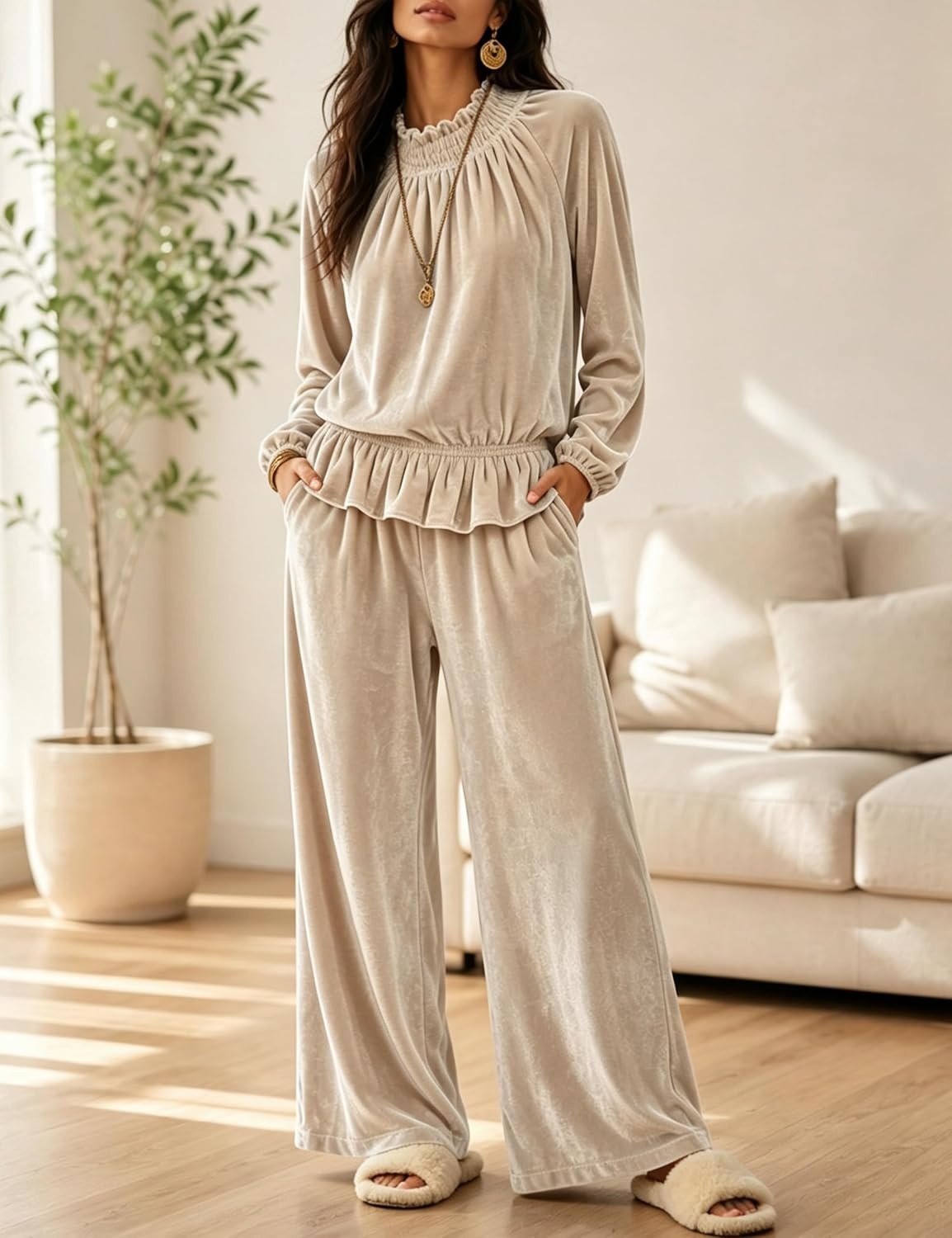 image:imageTanming Womens 2 Piece Velet Ruffle Top Wide Leg Pants Sets Soft Plush Feel Elastic Waist Frilled Neckline Deep Side Pockets Relaxed Silhouette FallampWinter Cozy LayerApricot