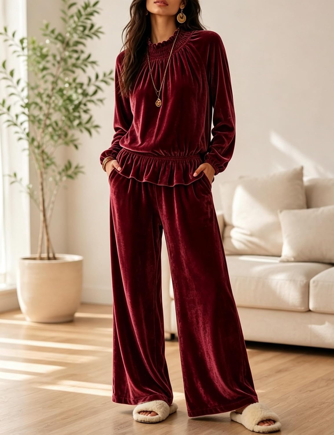 image:imageTanming Womens 2 Piece Velet Ruffle Top Wide Leg Pants Sets Soft Plush Feel Elastic Waist Frilled Neckline Deep Side Pockets Relaxed Silhouette FallampWinter Cozy LayerWinered