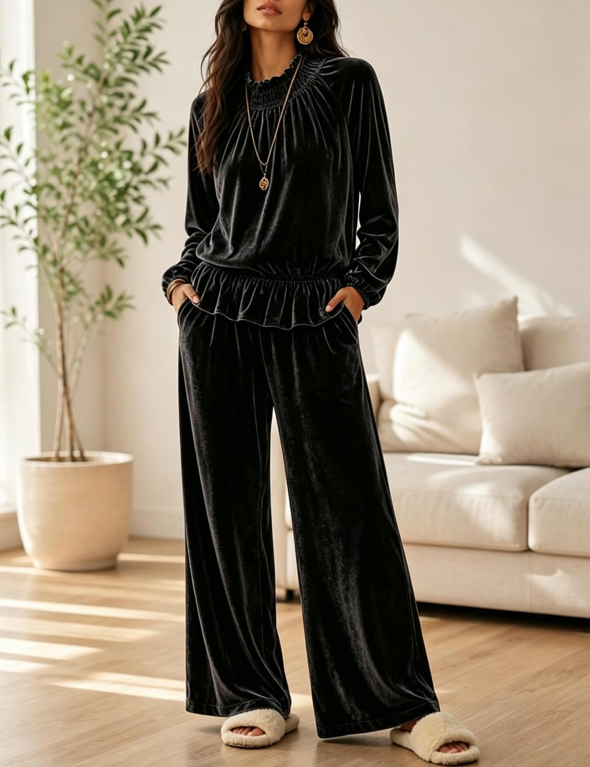 image:imageTanming Womens 2 Piece Velet Ruffle Top Wide Leg Pants Sets Soft Plush Feel Elastic Waist Frilled Neckline Deep Side Pockets Relaxed Silhouette FallampWinter Cozy LayerBlack