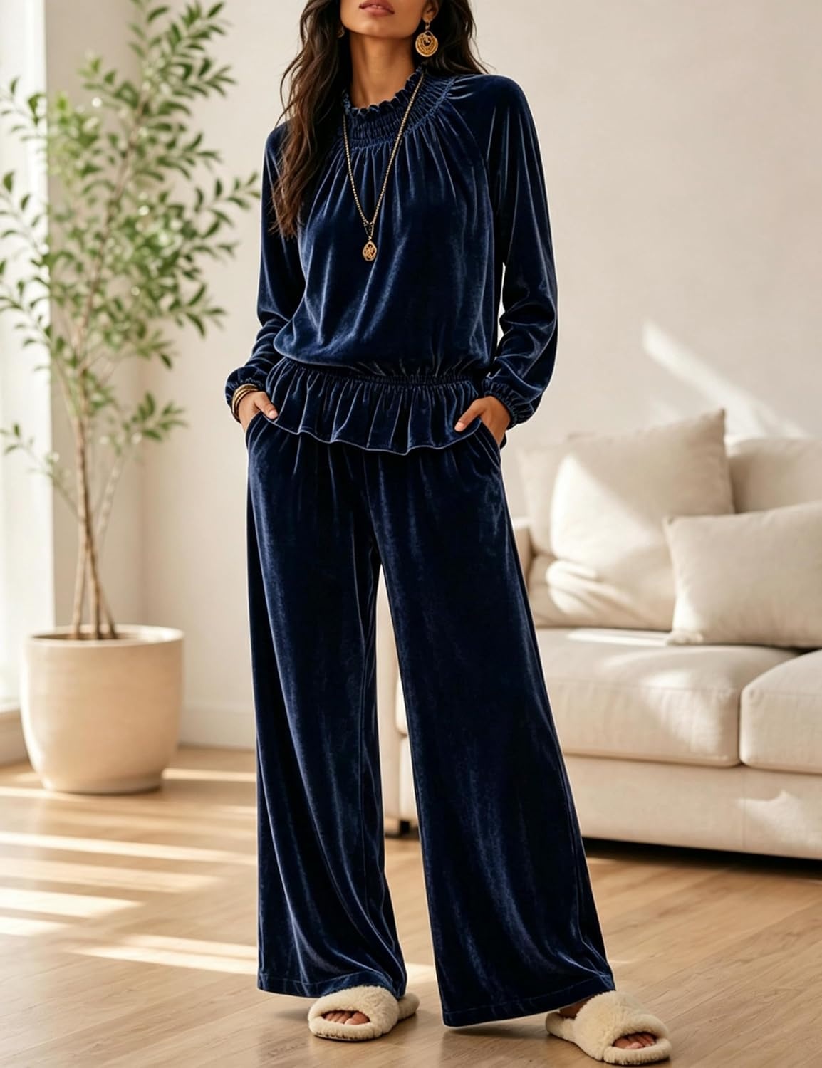 image:imageTanming Womens 2 Piece Velet Ruffle Top Wide Leg Pants Sets Soft Plush Feel Elastic Waist Frilled Neckline Deep Side Pockets Relaxed Silhouette FallampWinter Cozy LayerNavy