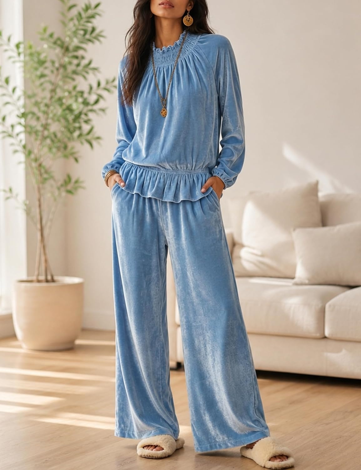 image:imageTanming Womens 2 Piece Velet Ruffle Top Wide Leg Pants Sets Soft Plush Feel Elastic Waist Frilled Neckline Deep Side Pockets Relaxed Silhouette FallampWinter Cozy LayerBlue