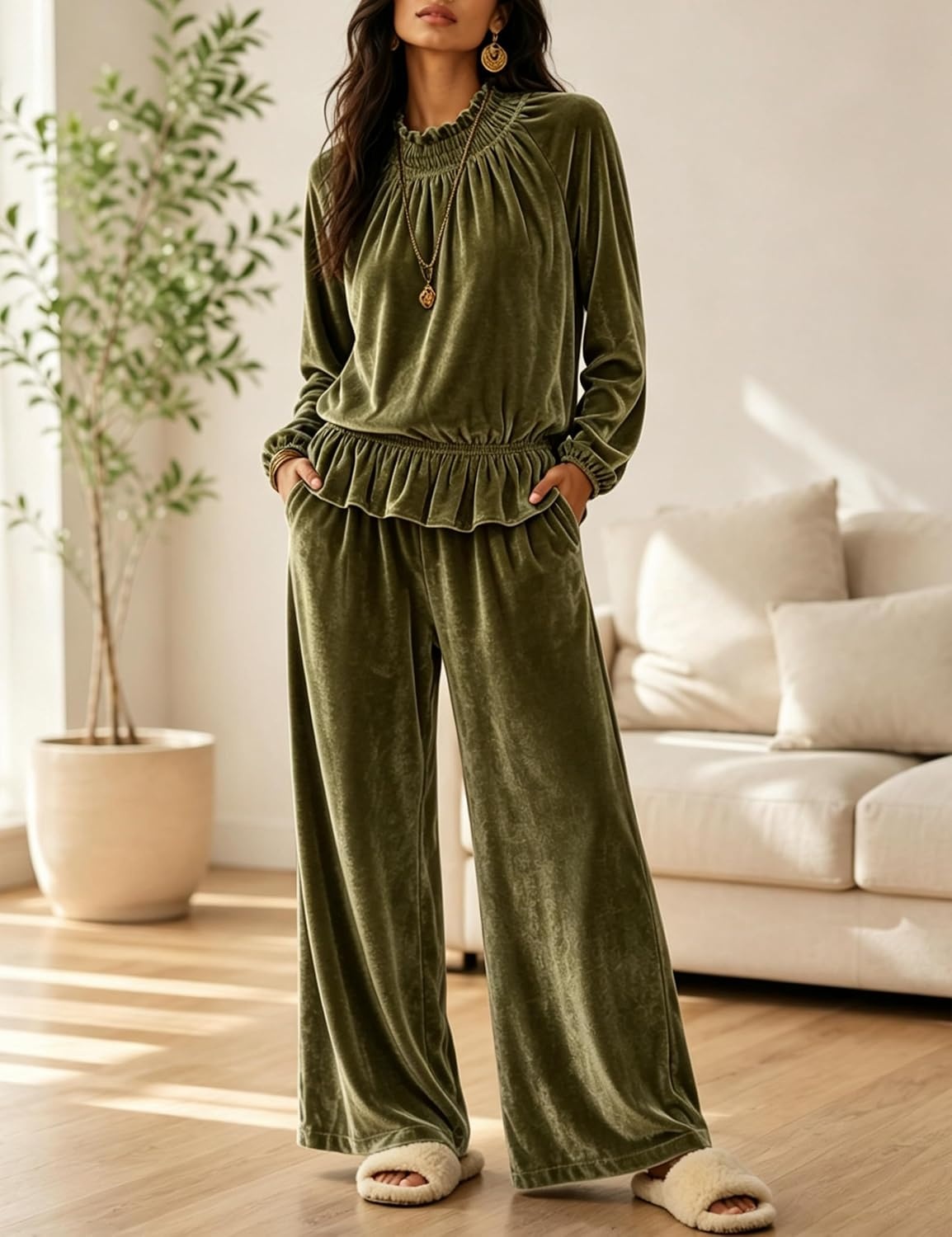 image:imageTanming Womens 2 Piece Velet Ruffle Top Wide Leg Pants Sets Soft Plush Feel Elastic Waist Frilled Neckline Deep Side Pockets Relaxed Silhouette FallampWinter Cozy LayerArmygreen