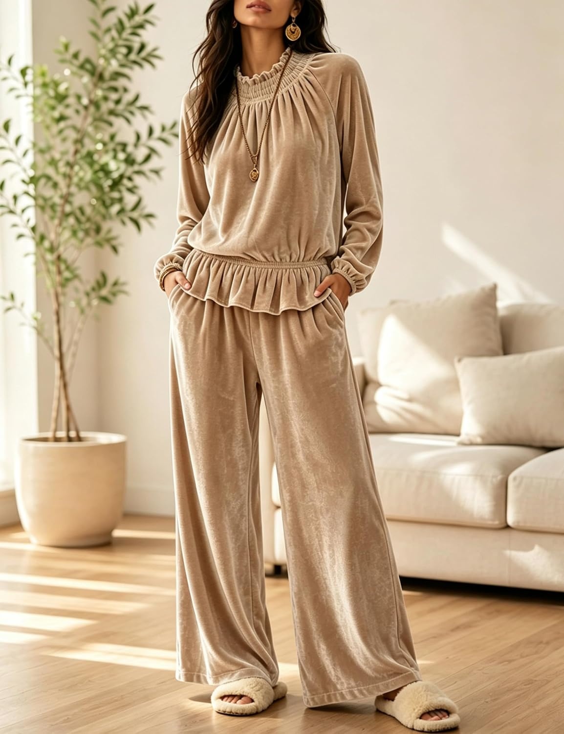 image:imageTanming Womens 2 Piece Velet Ruffle Top Wide Leg Pants Sets Soft Plush Feel Elastic Waist Frilled Neckline Deep Side Pockets Relaxed Silhouette FallampWinter Cozy LayerKhaki