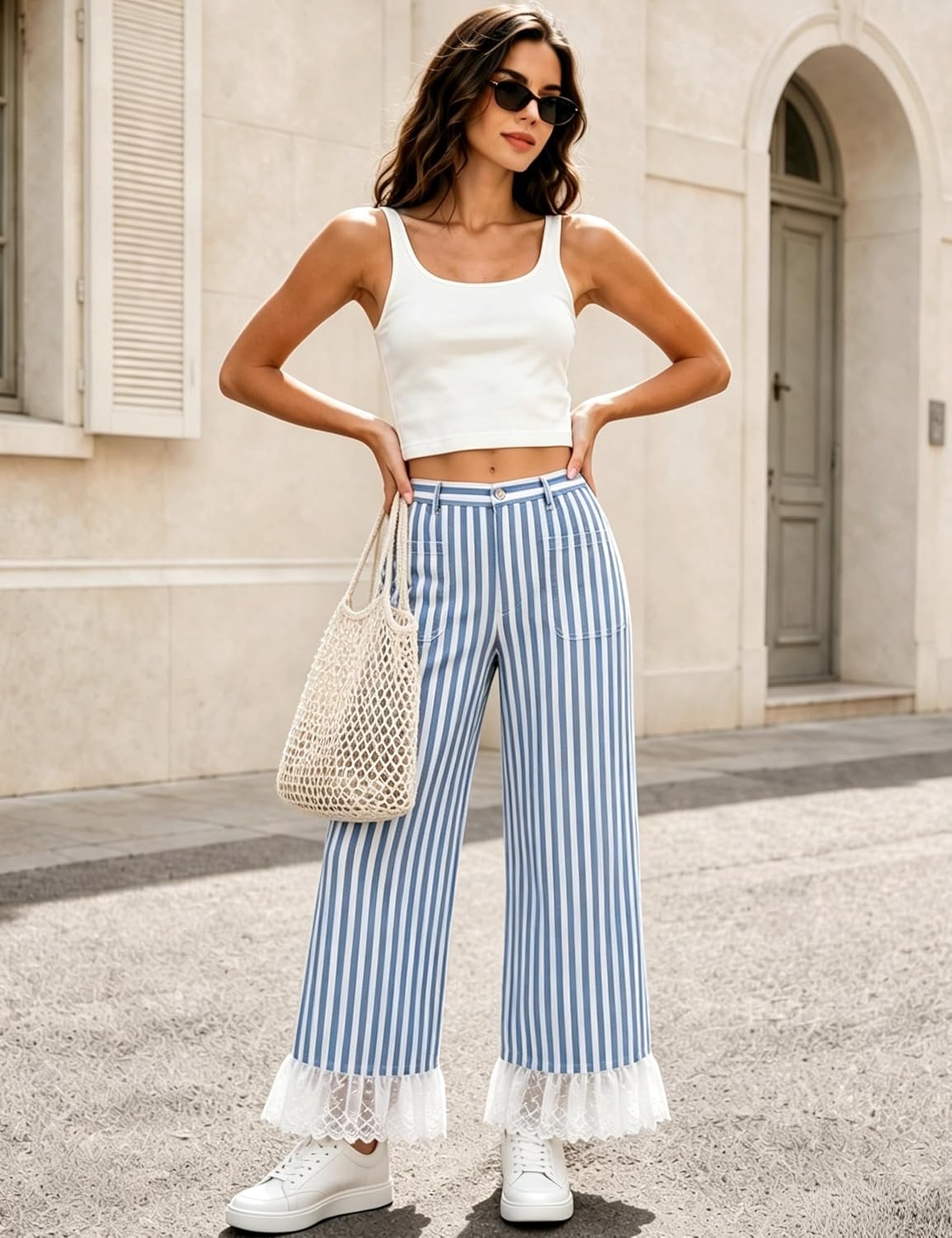 image:imageTanming Womens Casual Striped Lace Hem Wide Leg Palazzo Pants Elastic Waistband Lace Hem Detailed Striped Boho Styles Breathable SkinFriendly Fabric Side Pockets Vacation DailywearBlue