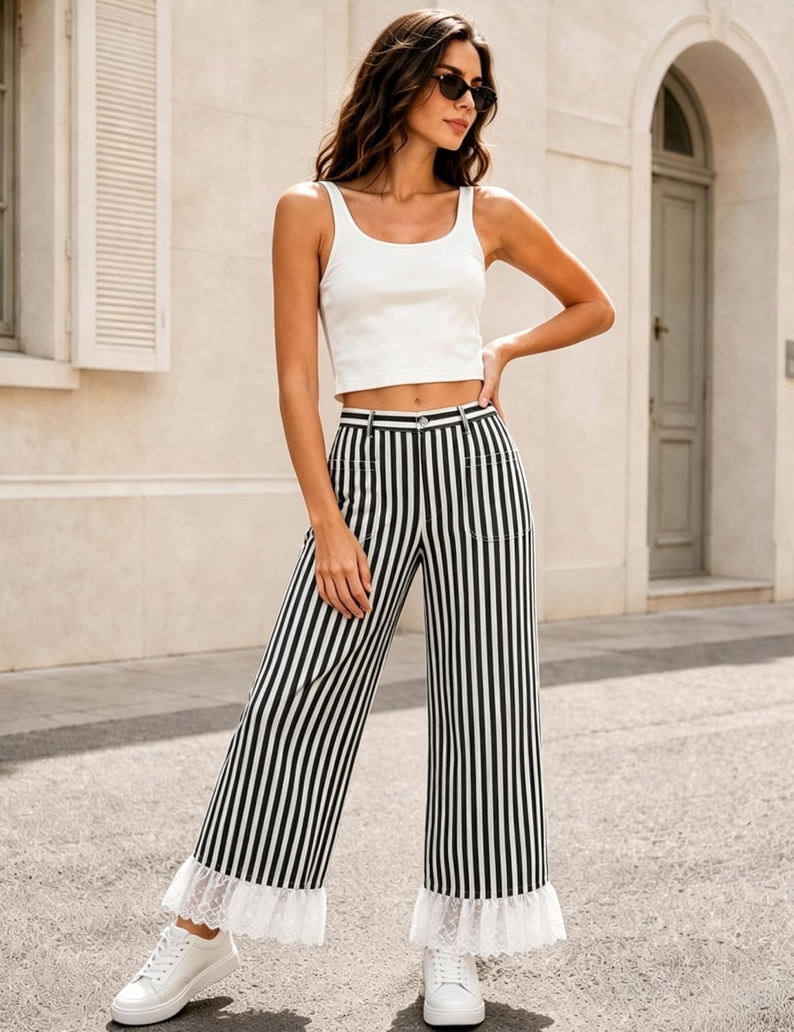 image:imageTanming Womens Casual Striped Lace Hem Wide Leg Palazzo Pants Elastic Waistband Lace Hem Detailed Striped Boho Styles Breathable SkinFriendly Fabric Side Pockets Vacation DailywearBlack