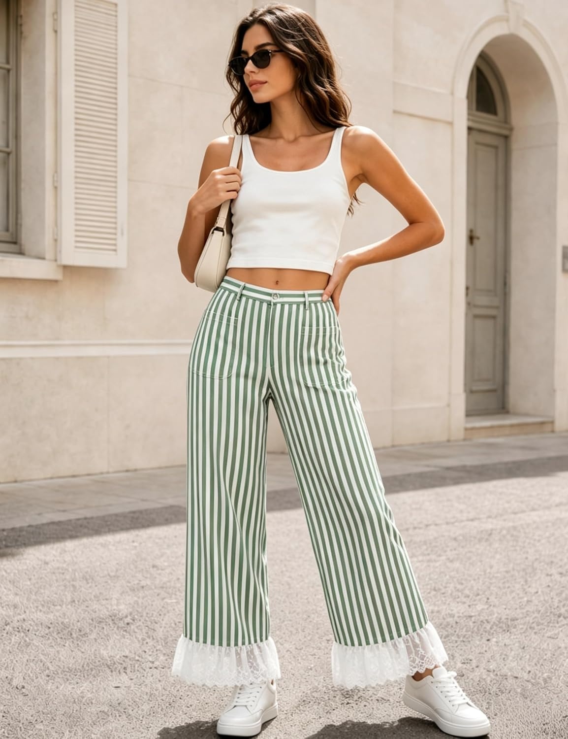 image:imageTanming Womens Casual Striped Lace Hem Wide Leg Palazzo Pants Elastic Waistband Lace Hem Detailed Striped Boho Styles Breathable SkinFriendly Fabric Side Pockets Vacation DailywearGreen