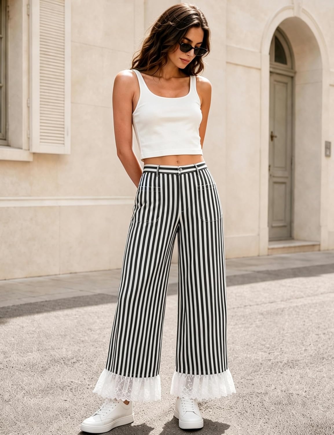 image:imageTanming Womens Casual Striped Lace Hem Wide Leg Palazzo Pants Elastic Waistband Lace Hem Detailed Striped Boho Styles Breathable SkinFriendly Fabric Side Pockets Vacation DailywearBlack
