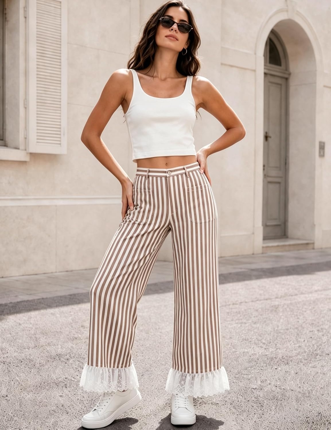 image:imageTanming Womens Casual Striped Lace Hem Wide Leg Palazzo Pants Elastic Waistband Lace Hem Detailed Striped Boho Styles Breathable SkinFriendly Fabric Side Pockets Vacation DailywearBrown