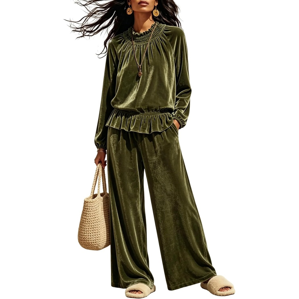 image:imageTanming Womens 2 Piece Velet Ruffle Top Wide Leg Pants Sets Soft Plush Feel Elastic Waist Frilled Neckline Deep Side Pockets Relaxed Silhouette FallampWinter Cozy LayerArmygreen