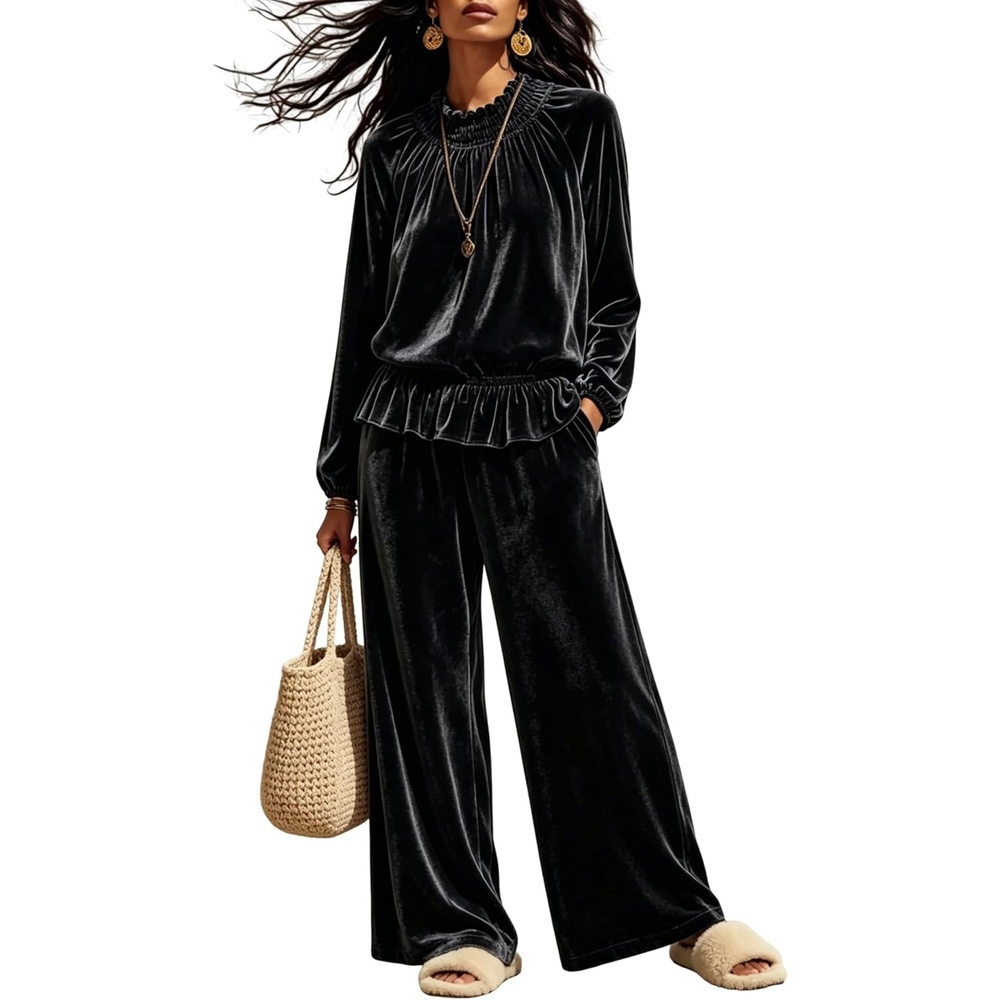 image:imageTanming Womens 2 Piece Velet Ruffle Top Wide Leg Pants Sets Soft Plush Feel Elastic Waist Frilled Neckline Deep Side Pockets Relaxed Silhouette FallampWinter Cozy LayerBlack