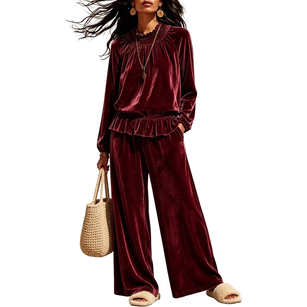 image:imageTanming Womens 2 Piece Velet Ruffle Top Wide Leg Pants Sets Soft Plush Feel Elastic Waist Frilled Neckline Deep Side Pockets Relaxed Silhouette FallampWinter Cozy LayerWinered