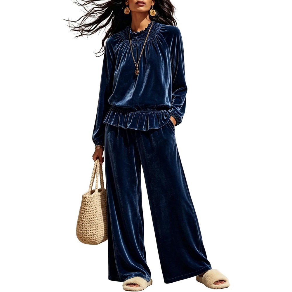 image:imageTanming Womens 2 Piece Velet Ruffle Top Wide Leg Pants Sets Soft Plush Feel Elastic Waist Frilled Neckline Deep Side Pockets Relaxed Silhouette FallampWinter Cozy LayerNavy