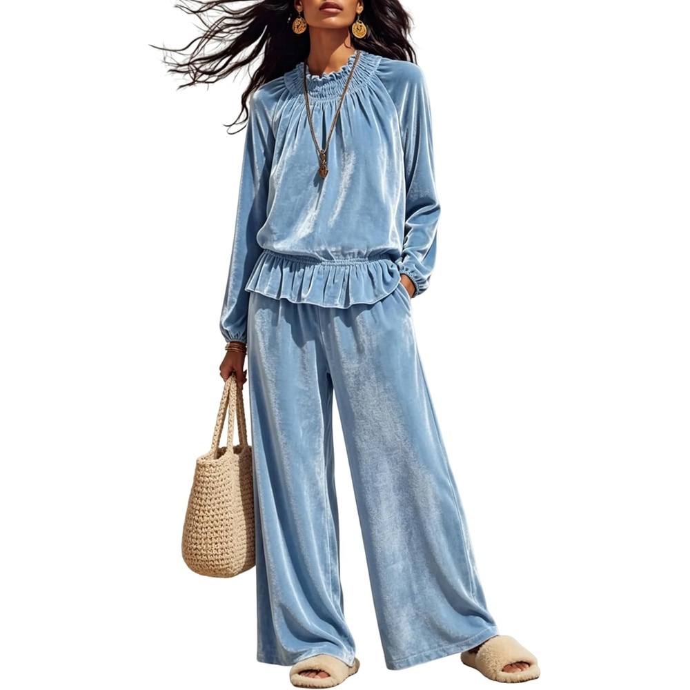 image:imageTanming Womens 2 Piece Velet Ruffle Top Wide Leg Pants Sets Soft Plush Feel Elastic Waist Frilled Neckline Deep Side Pockets Relaxed Silhouette FallampWinter Cozy LayerBlue