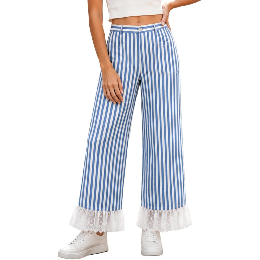 image:imageTanming Womens Casual Striped Lace Hem Wide Leg Palazzo Pants Elastic Waistband Lace Hem Detailed Striped Boho Styles Breathable SkinFriendly Fabric Side Pockets Vacation DailywearBlue