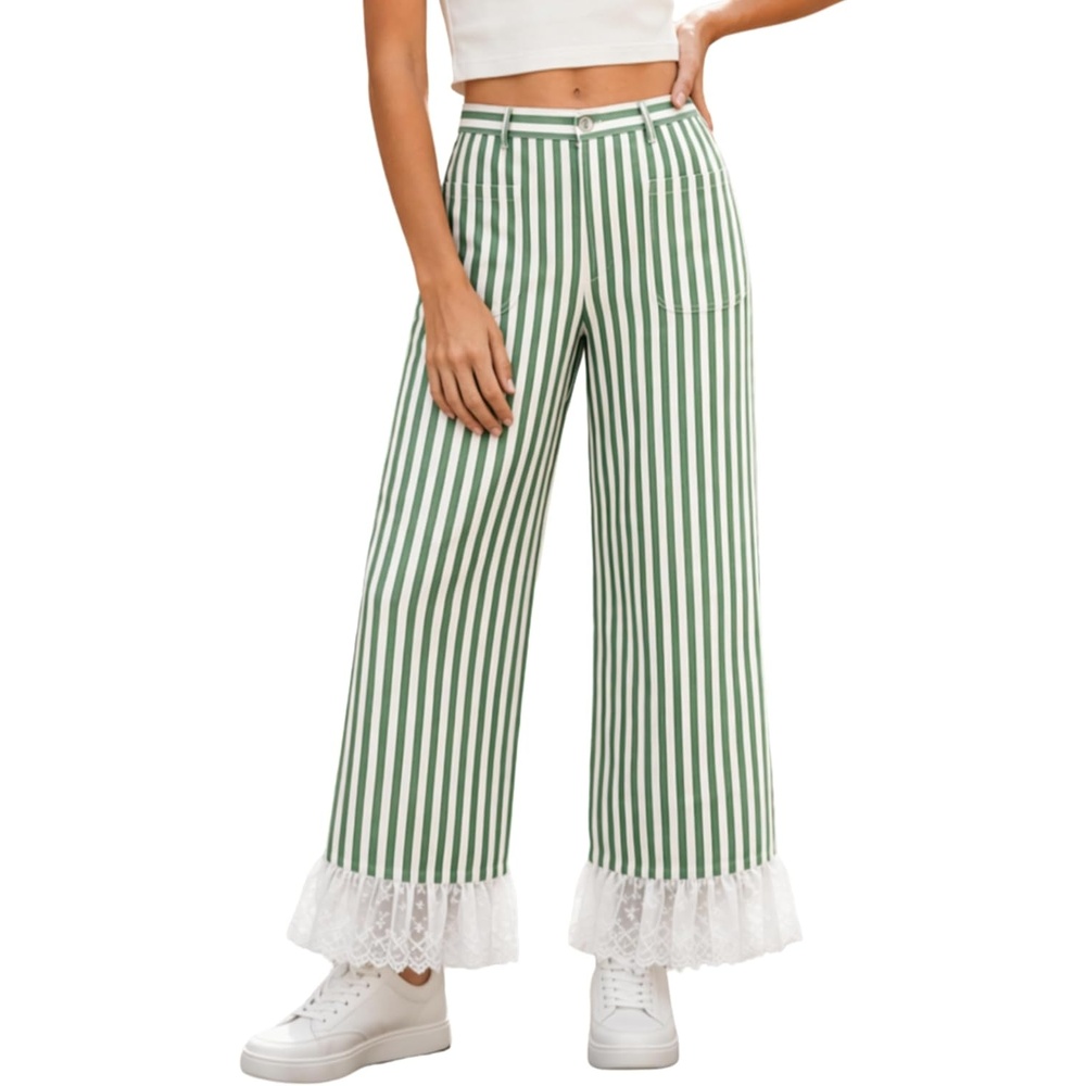 image:imageTanming Womens Casual Striped Lace Hem Wide Leg Palazzo Pants Elastic Waistband Lace Hem Detailed Striped Boho Styles Breathable SkinFriendly Fabric Side Pockets Vacation DailywearGreen
