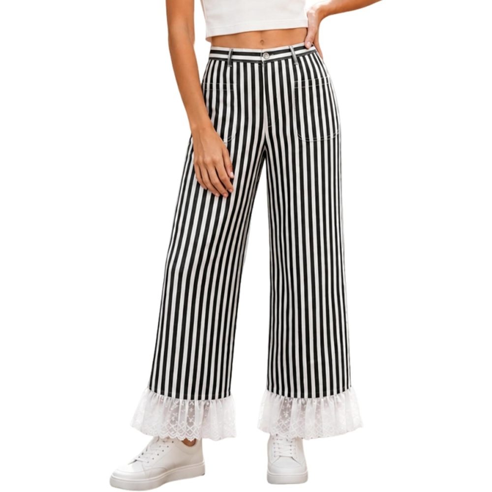 image:imageTanming Womens Casual Striped Lace Hem Wide Leg Palazzo Pants Elastic Waistband Lace Hem Detailed Striped Boho Styles Breathable SkinFriendly Fabric Side Pockets Vacation DailywearBlack