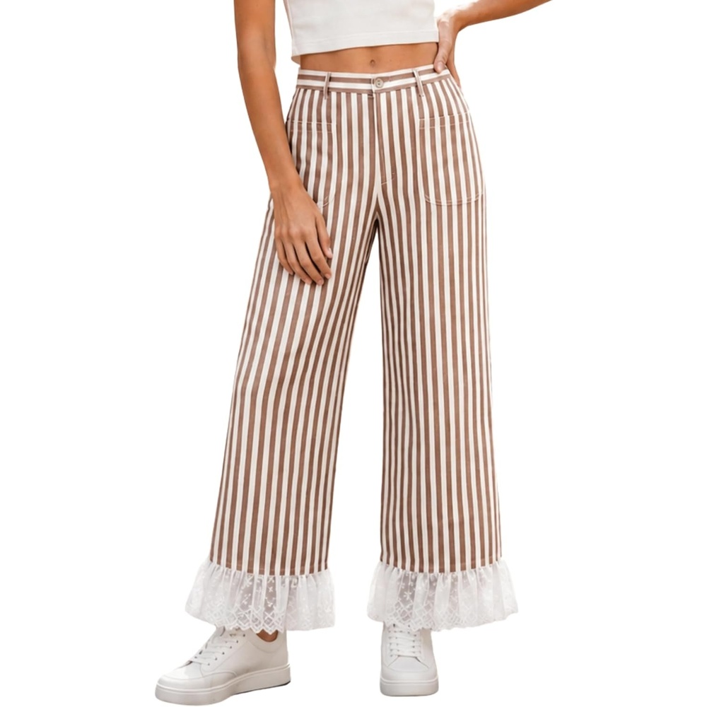 image:imageTanming Womens Casual Striped Lace Hem Wide Leg Palazzo Pants Elastic Waistband Lace Hem Detailed Striped Boho Styles Breathable SkinFriendly Fabric Side Pockets Vacation DailywearBrown